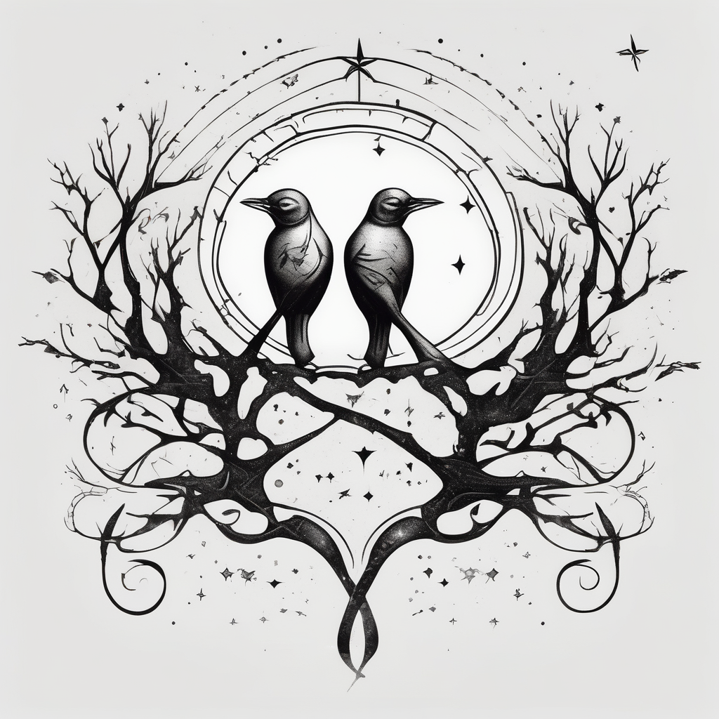 two birds sitting, stars and infinity theme couples tattoo hello kitty tattoo, AI-generated Surreal tattoo design